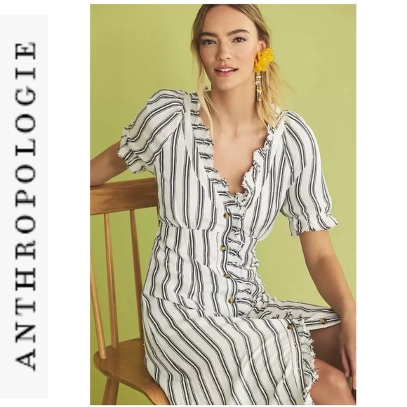NWT Anthropologie Pilcro Ruffle Collar Stripe Buttondown Midi Dress blue/wh  10p - Picture 2 of 13